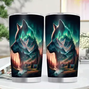 1pc Wolf Aurora 20oz Insulated Stainless Steel Travel Mug & Water Bottle - Leakproof BPA-Free Thermal Cup with Northern Lights Wolf & Aurora Borealis Design, Double-Wall Vacuum Insulation for Hot/Cold Drinks, Camping Hiking Outdoor Vacuum Cup