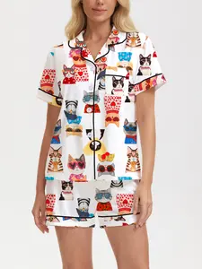 Cute Cartoon Cat Print Short Sleeve Shorts Pajama Set for Women, Reversible Open Front Cardigan Homewear, Loungewear, Casual Wearable