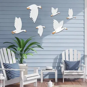 6 Pcs Wooden Bird Wall Art Wooden Flying Geese Wall Sign Wood Bird Wall Sculpture Animal Ornaments for Home Bedroom Living Room Kitchen Office White
