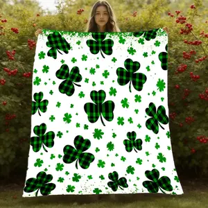 1pc Irish-Themed Plaid Flannel Blanket Featuring A Shamrock Design in Green and White, Perfect for St. Patrick'S Day. This Soft Throw Is Suitable for Use on Couches, Beds