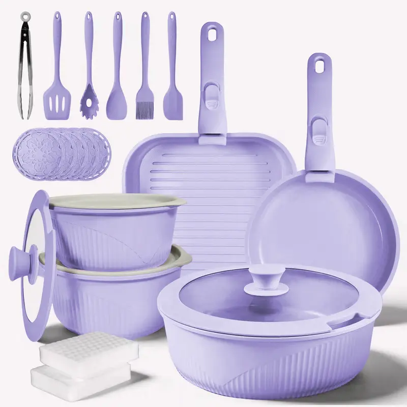 24/7/5pcs Non-Stick Pots and Pans Set with Detachable Handle Oven Safe Stackable RV Kitchen Cooking Set Modern Aluminum Dishwasher Safe Optimal Storage Design