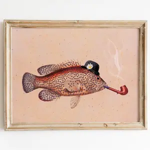 Vintage Print Fish Poster Grouper with Pipe Collage Retro maritime Illustration Wall Decoration Wall Decoration Gift Idea