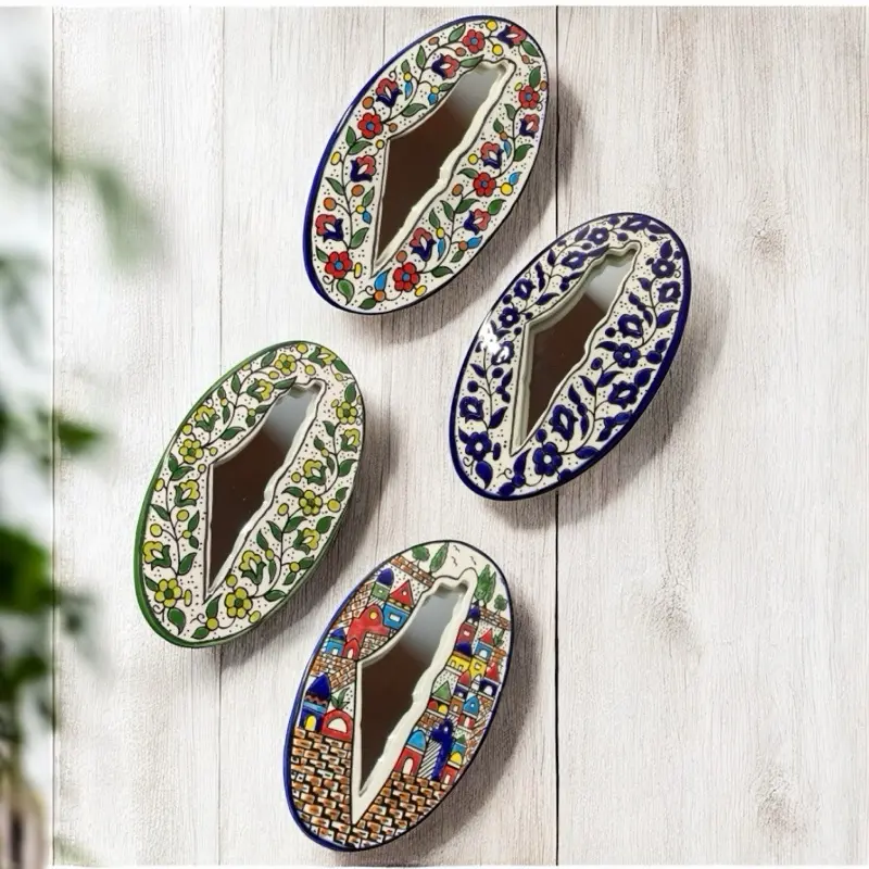 Handcrafted Palestinian Ceramic Mirror - Hand-Painted Olive Motif Wall Hanging from Hebron, Elegant Home Decor for Room Cultural Artistry