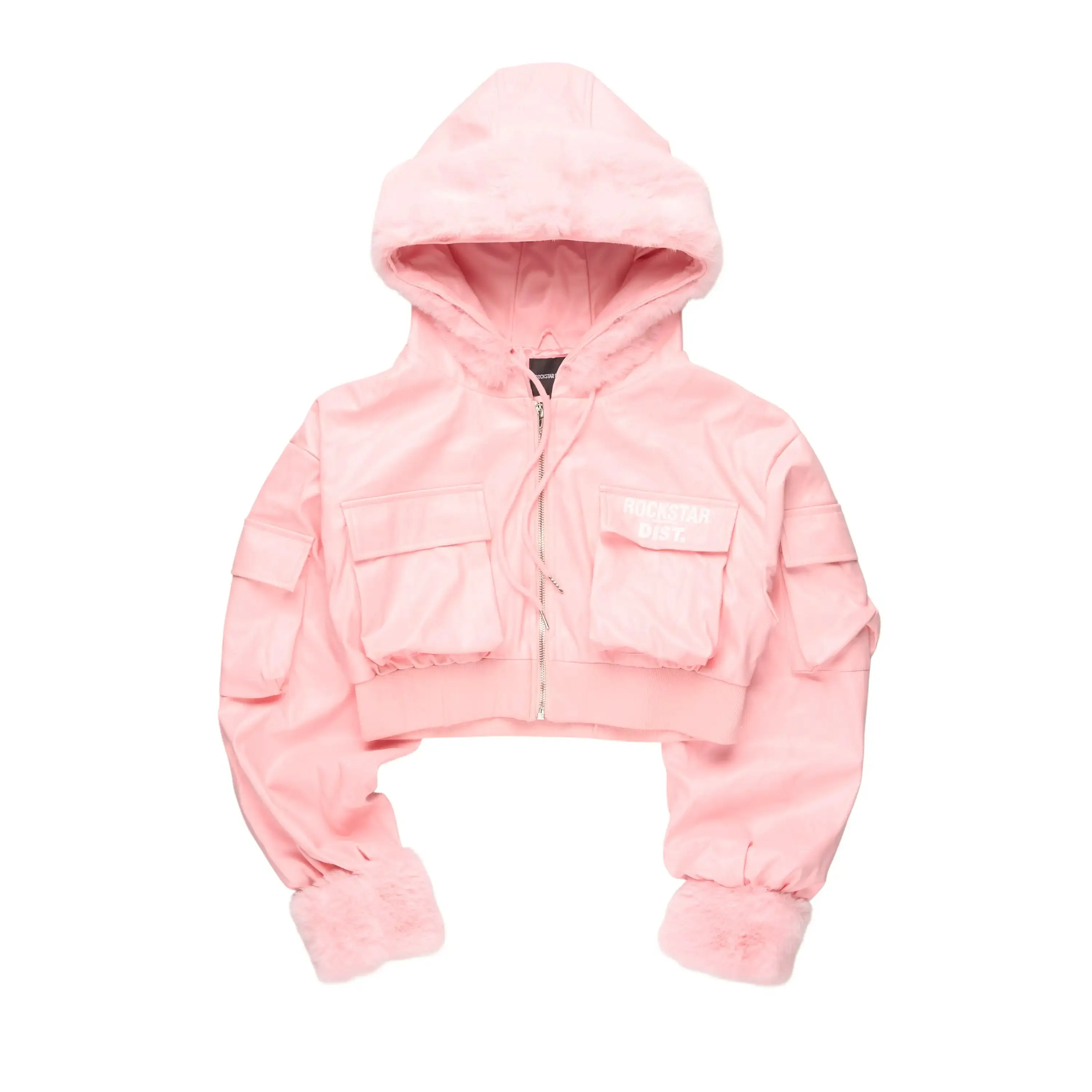 Amyia Pink PU Jacket With Fur Hood Amyia Pink PU Jacket With Fur Hood