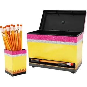 Pencil Dispenser for Classroom Back to School Yellow Pink Pencil Holder with Lid Pen Storage Container Box for Teacher Student Desk Organization Supplies