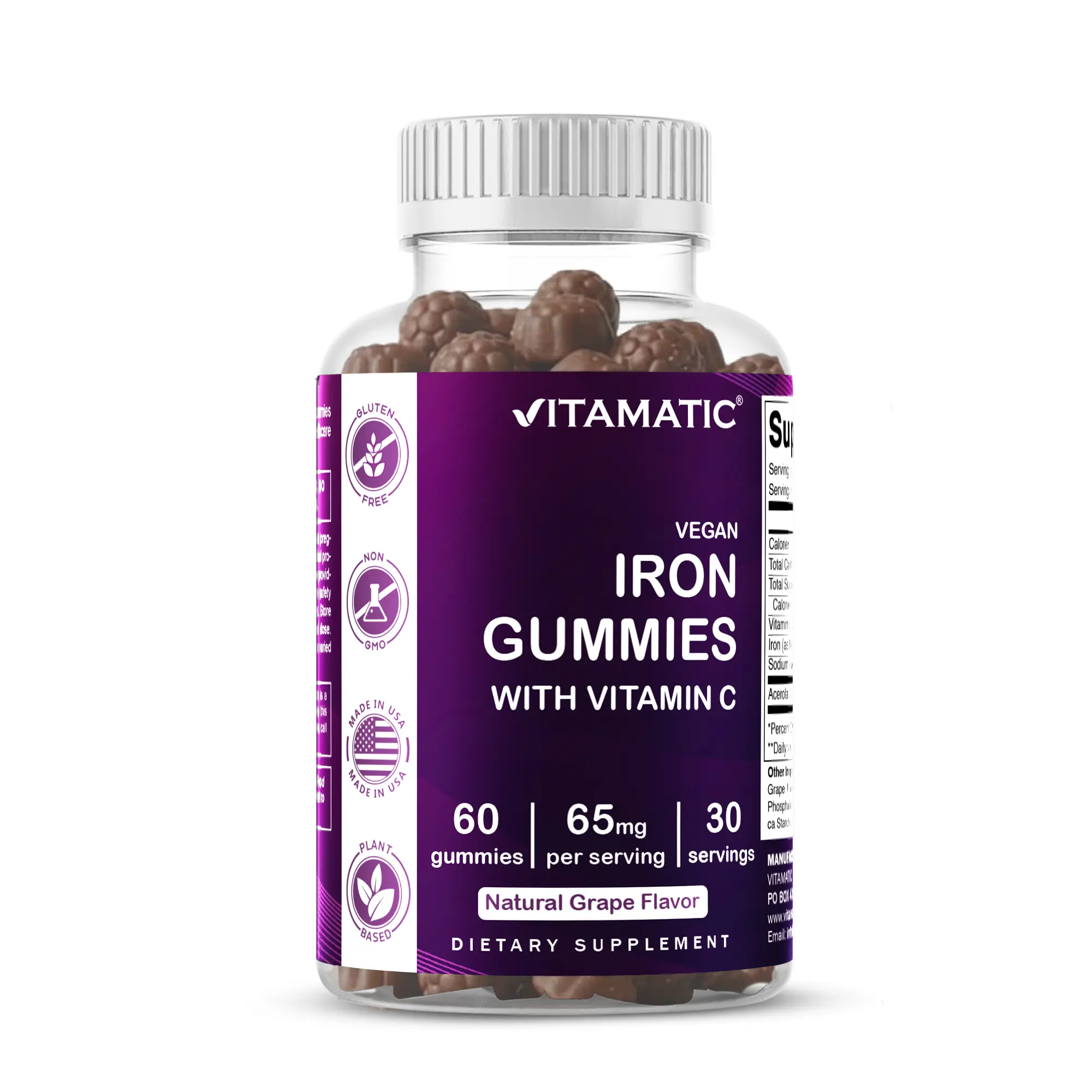 Vitamatic 65mg Iron Chewable Vegan Gummies Daily Dietary Supplement - 60 Count, Natural Grape Flavor, Vitamin C, Minerals, Natural Ingredients, GMO/Gluten/Dairy-Free, Anemia Aid for Women Energy Support
