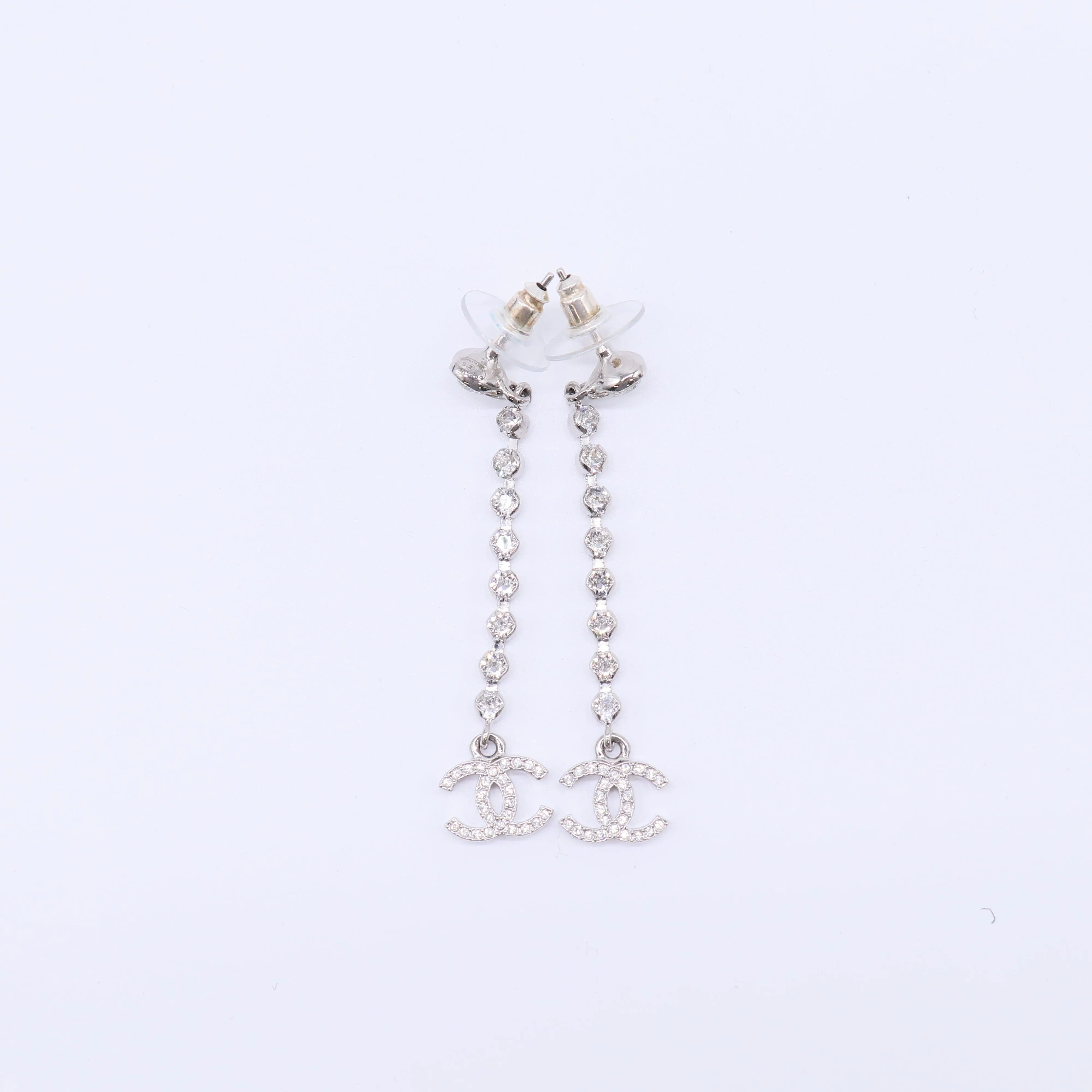 Pre-owned Chanel Crystal CC Long Drop Chain Earrings W21759