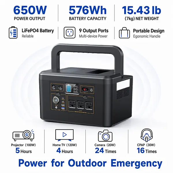 650W Portable Power Station 1200W Peak, 576Wh LiFePO4 Battery | 3 AC Outlets, USB-C & 12V DC, 3.5H Fast Charging Solar Generator for Camping, RV, Home Hurricane Emergency Backup