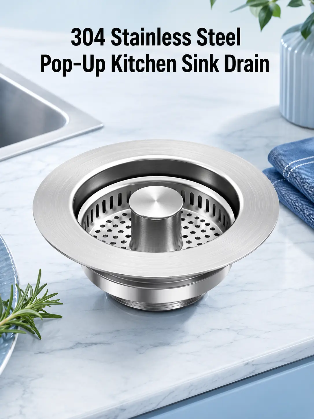 3-in-1 Kitchen Sink Drain Strainer, Stainless Steel Sink Stopper with Efficient Filtering, Anti-Clog Drain Plug with Odor Control, Easy Installation for US Standard 3.5 Inch Drains