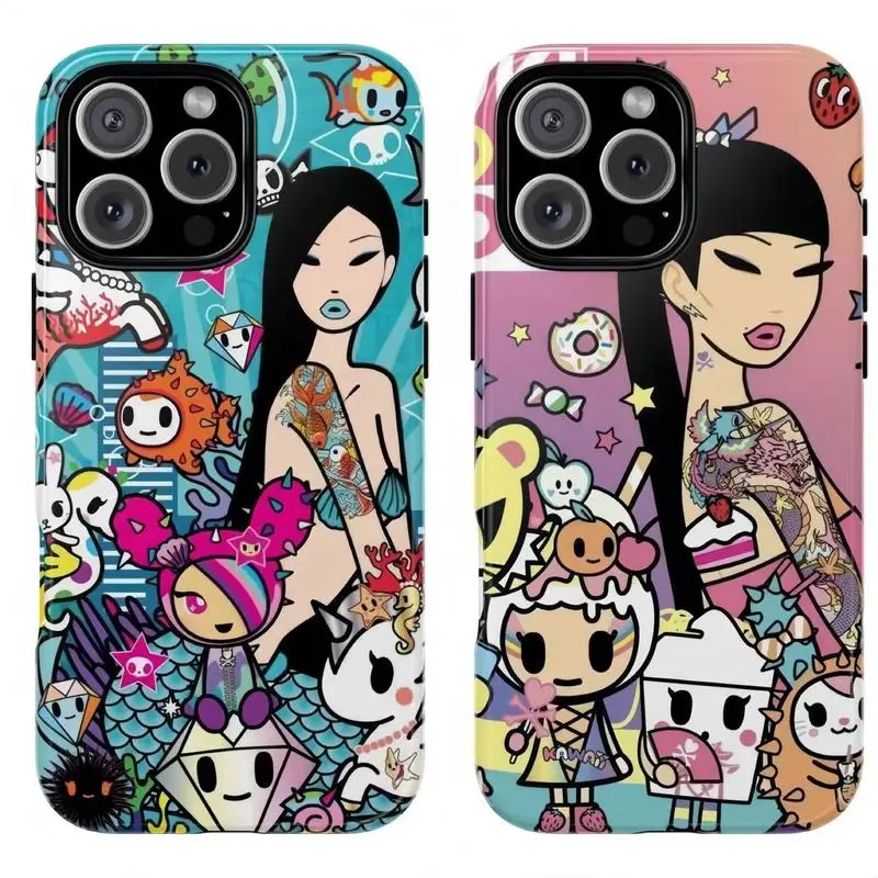 Tokidoki Stylish Lady Colorful Doodle Design Phone Case Suitable for iPhone 17/16/15/14/13/12/11 Pro Max/Plus and  Samsung Galaxy S23FE/22/23/24/25Tough Case Perfect Gift for Her Y2k Cool Girl Aesthtic Phone Protection