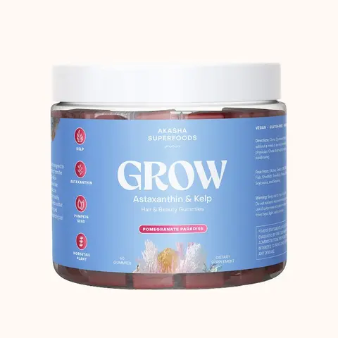 Akasha Superfoods GROW Hair & Beauty Gummies with Astaxanthin, Pumpkin Seed, & Kelp - Pomegranate Paradise Flavor Vegan 60 Gummies
