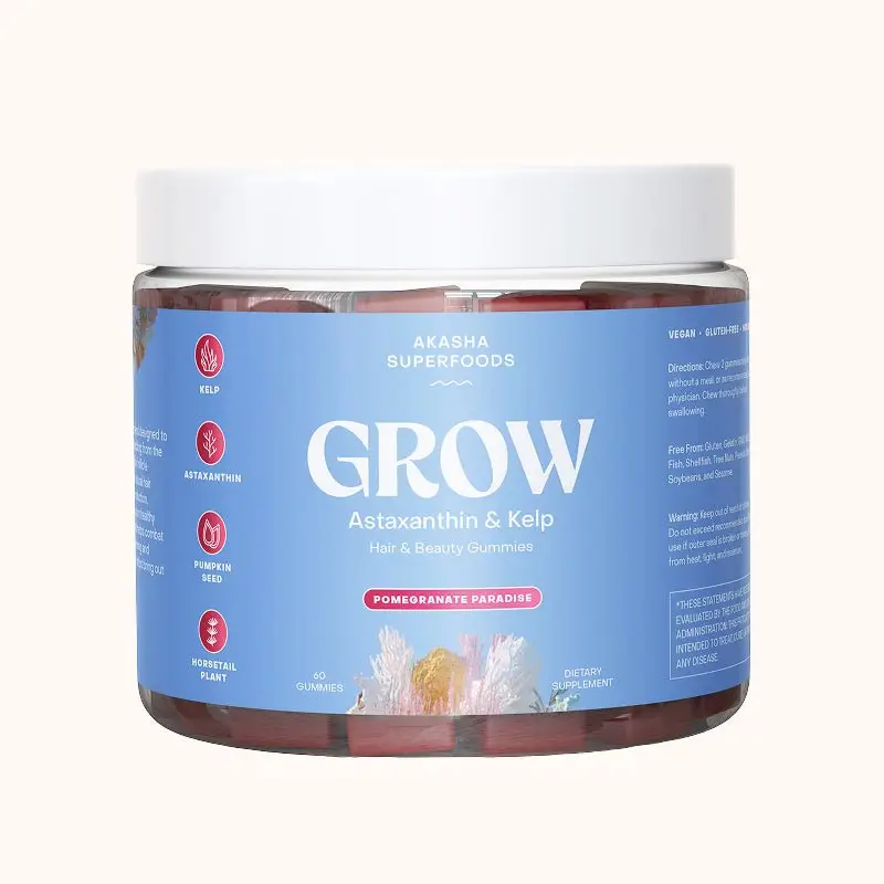 Akasha Superfoods GROW Hair & Beauty Gummies with Astaxanthin, Pumpkin Seed, & Kelp - Pomegranate Paradise Flavor Vegan 60 Gummies