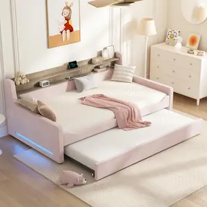 VanAcc Twin Daybed with Trundle, Upholstered Day Bed with Storage Headboard & Charging Station, LED Corner Bed Frame Furniture for Bedroom/Living Room/Guest Room,No Box Spring Needed,