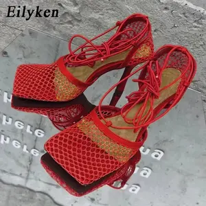Eilyken Sexy Mesh Pumps Sandals Female Square Toe High Heel Lace up Cross-Tied Stiletto Hollow Dress Shoes Size 35-42
