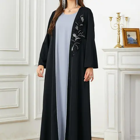 Women's Floral Embroidery Faux Pearl Decor Pleated Kimono Sleeve Abaya, Elegant Long Sleeve Open Front Abaya for Daily Wear, Ladies Islamic Clothing for All Seasons, Modesty Muslim Clothing, Floral Embellished Abaya, Loose Abayas