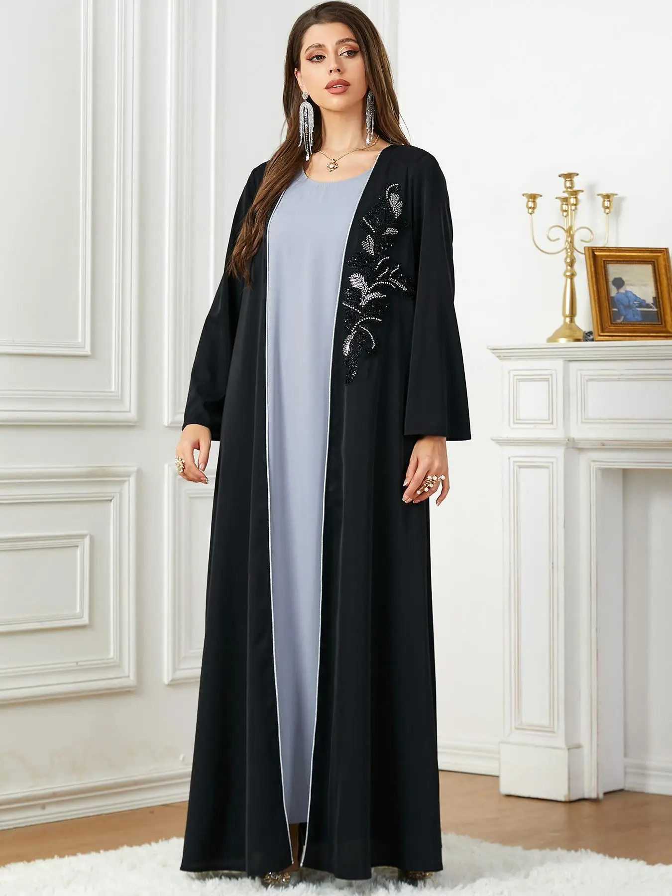 Women's Floral Embroidery Faux Pearl Decor Pleated Kimono Sleeve Abaya, Elegant Long Sleeve Open Front Abaya for Daily Wear, Ladies Islamic Clothing f