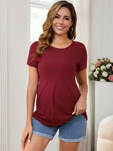 INSPIRE CHIC Women Maternity Top Short Sleeve Crewneck Wrinkle Design Blouse Waist Tiered Maternity T-Shirt Red
