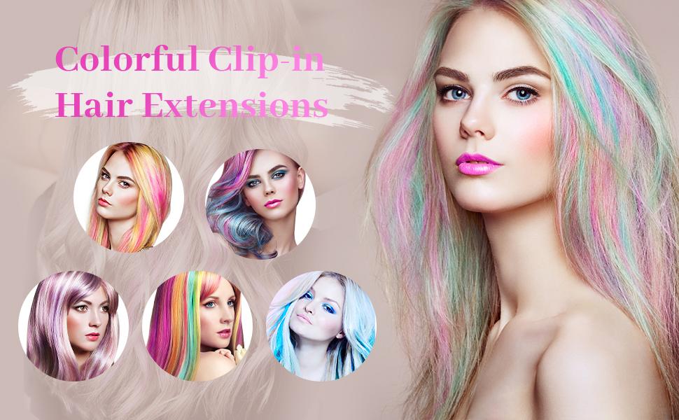 【Flash Sale】HMD Hair Extensions Clip in, 22 Inch 10 Pieces Long Straight Colored, for Kids Girls Women Highlight Party, Synthetic