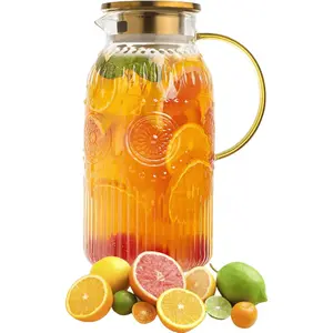 68oz Glass Pitcher for Fridge Door, 2 Liter Water Pitcher with Stainless Steel Lid, Heat Resistant Tea Pitchers, Leak Proof Juice Jug, Borosilicate Glass Carafe for Hot/Cold Beverage