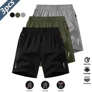 Men's 3-Piece Athleisure Street Fit Shorts Set - Menswear, 100% Polyester, Lightweight, Quick Dry, Breathable, Wrinkle-Resistant, Solid Colors, Casual Athletic Design with Reflective Stripes, for Fitness Training