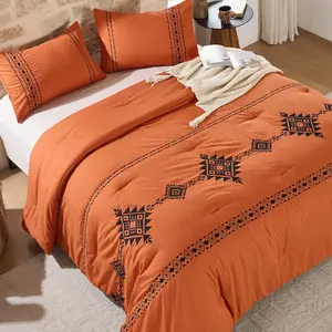Embroidered Boho Comforter Set Queen Size, 3-Piece Bedding Set - Soft Microfiber with Intricate, Includes Comforter & 2 Pillowcases, Pumpkin(88"x88")