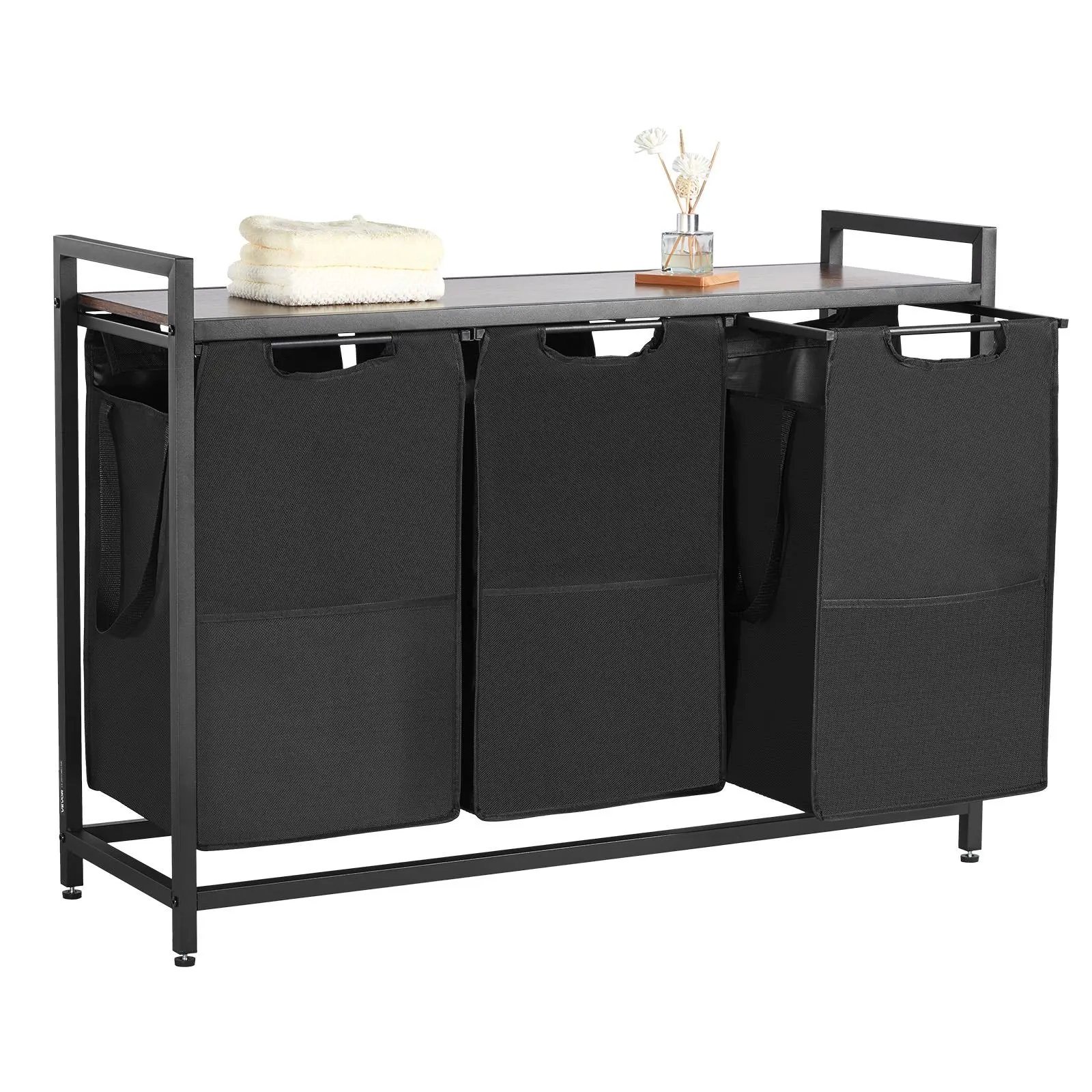 【summerfinds】VEVOR 3 Section Laundry Sorter, Large Laundry Hamper with Metal Frame and Wooden Tabletop, Freestanding Storage Organizer Baskets with Pull-Out 600D Oxford Cloth Bags for Dirty Clothes, Bathroom, Laundry Basket, Carbon Steel