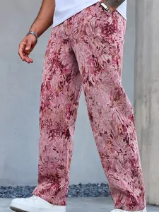 Men's Vintage Floral Jacquard Wide Leg Pants, Drawstring Waist Design, High Street Trendy Loose Straight Long Pants