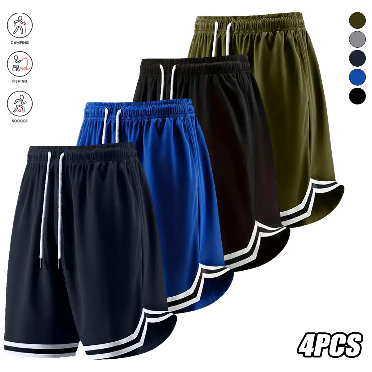 Male 4-Pack Athletic Casual Shorts, Polyester Athletic Wear, Comfortable Breathable Fabric, Drawstring Design, Suitable for Everyday Wear, Sports Fitness