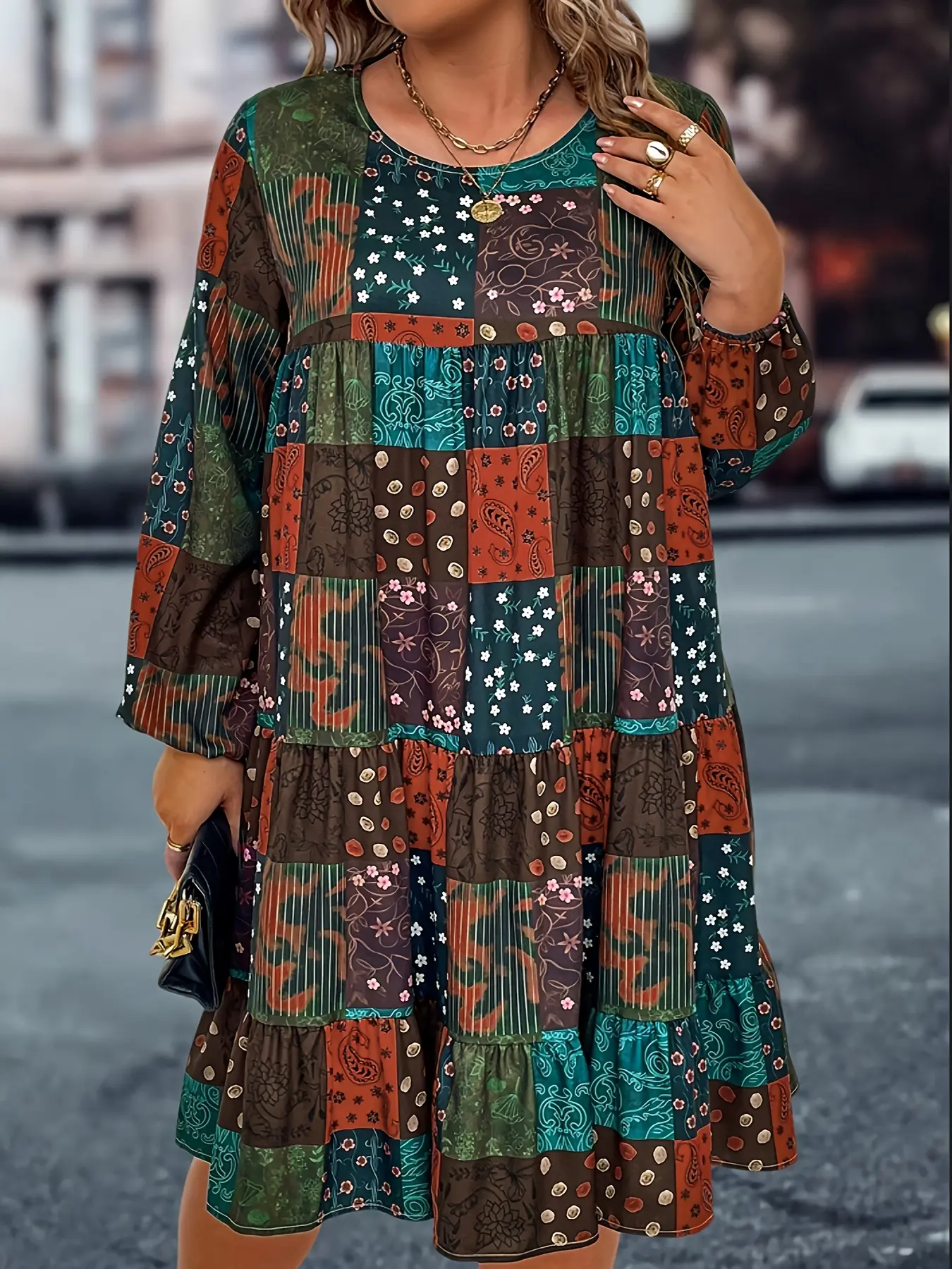 Trendy Long Sleeve Floral Print Boho Style Woven Bohemian Summer Dress, Elegant Women's Fashion Clothing, Womenswear, Perfect for Casual & Party Wear, Comfortable Fit Design