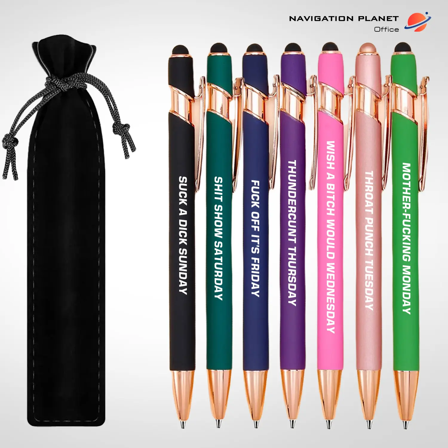 7-Day Funny Retractable Ballpoint Pen Set with Pen Pouch, Emotional Wording, Black Ink, Smooth Writing, Colorful Precision, Cute Office Supplies for Students & Teachers, Pens
