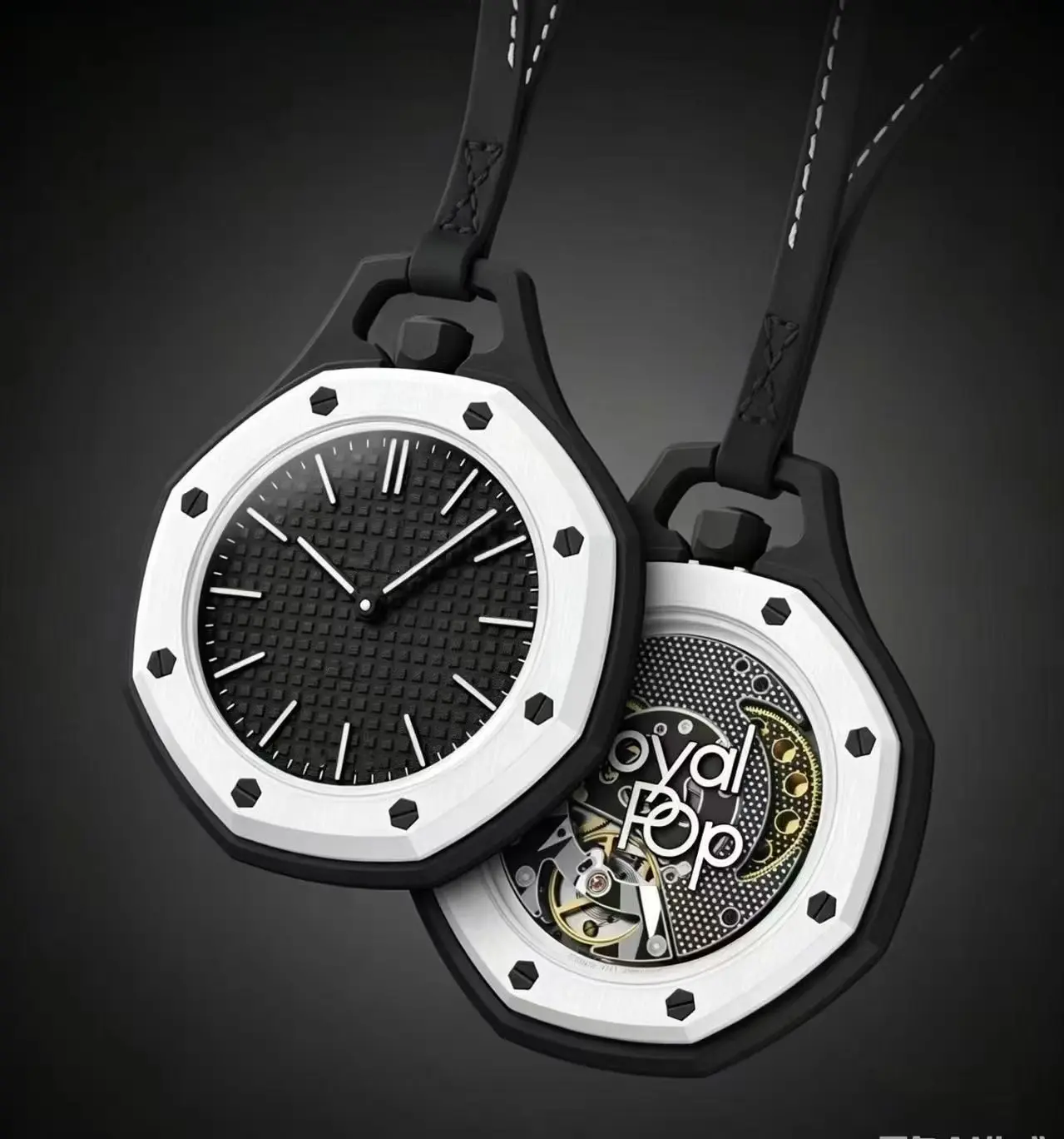 Octagonal Hollow Quartz Pendant Pocket Watch with Leather Lanyard