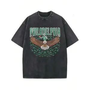 Washed Pure Cotton T-Shirt, Men'S Casual Fashion, With 'PHILADELPHIA' And Eagle, Football - Player Pattern Print, Outdoor Sports T-Shirt |   Loose Fit |   Soft Knitted T-Shirt