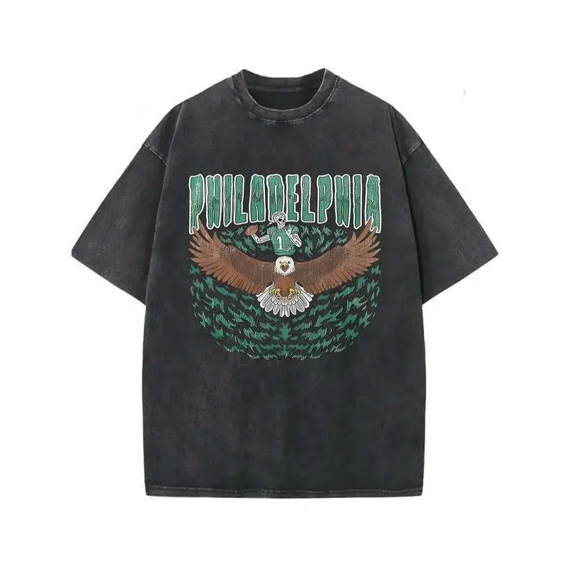 Washed Pure Cotton T-Shirt, Men'S Casual Fashion, With 'PHILADELPHIA' And Eagle, Football - Player Pattern Print, Outdoor Sports T-Shirt |     Loose Fit |     Soft Knitted T-Shirt