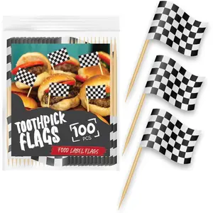 100 Pack Checkered Racing Flag Toothpicks, Mini Topper Flags for Cupcakes, Decoration Supplies for Birthday Party, Appetizers Dinners and Various Occasions