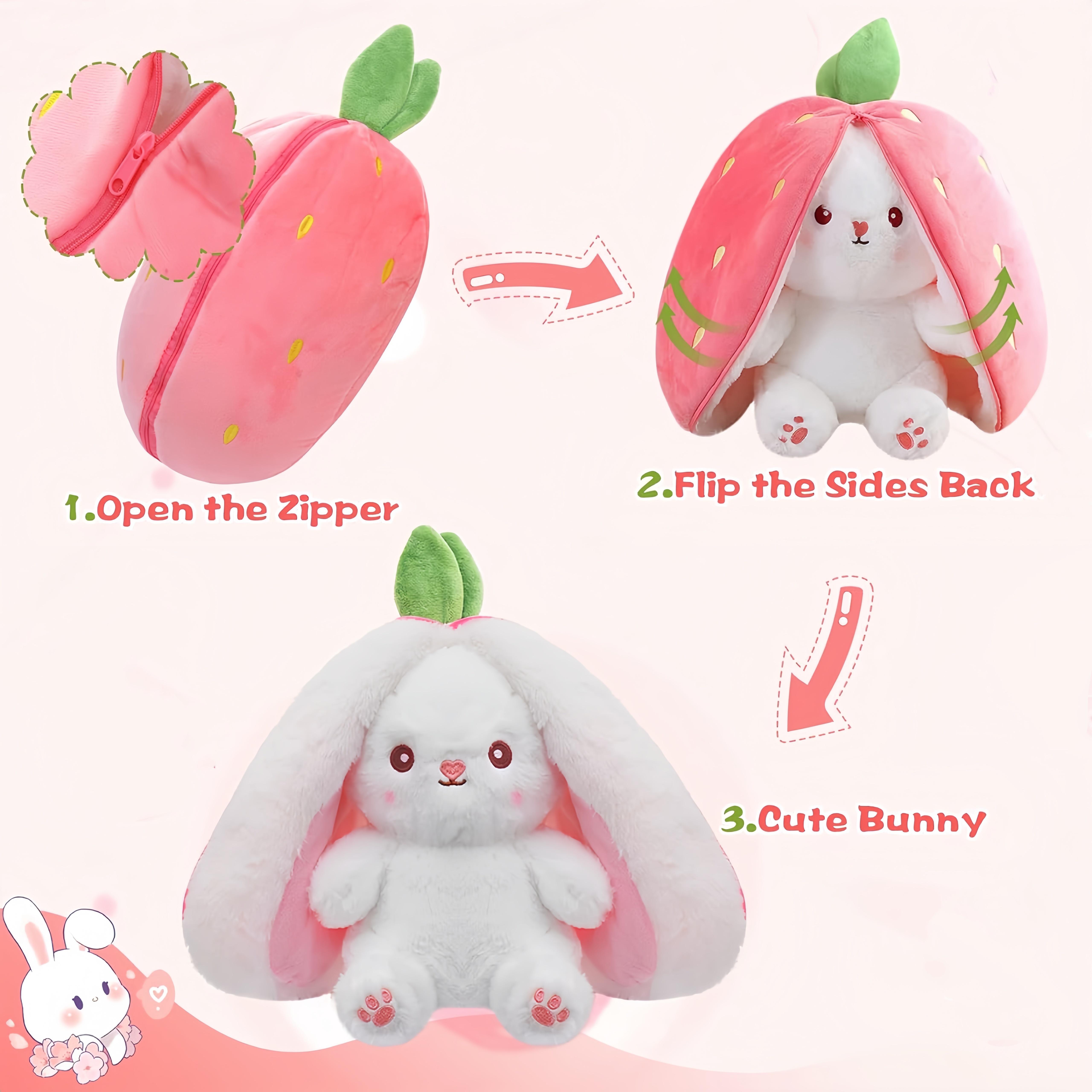Bunny Stuffed Animal, Strawberry Reversible Cuddle Bunny Plush Doll with Zipper, Cute Soft Rabbit Toys Pillow for Kids and Adults, Easter Bunnies Plushies Gifts