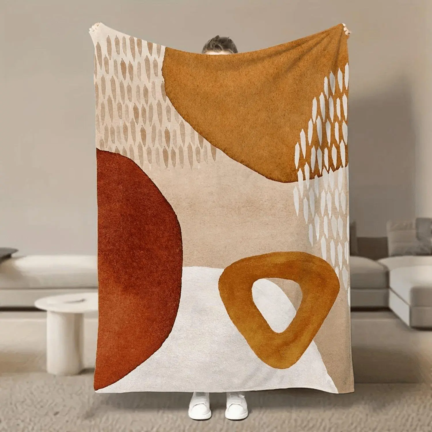 1pc Soft Flannel Blanket - Terracotta Orange, Beige, Brown & Copper Earth Tones - Plush All-Season Bedspread or Couch Throw - Bohemian Minimalist Bed Covering for Sofa, Bed, Travel & Camping - Cozy Luxury Gift for s, Seniors, Women