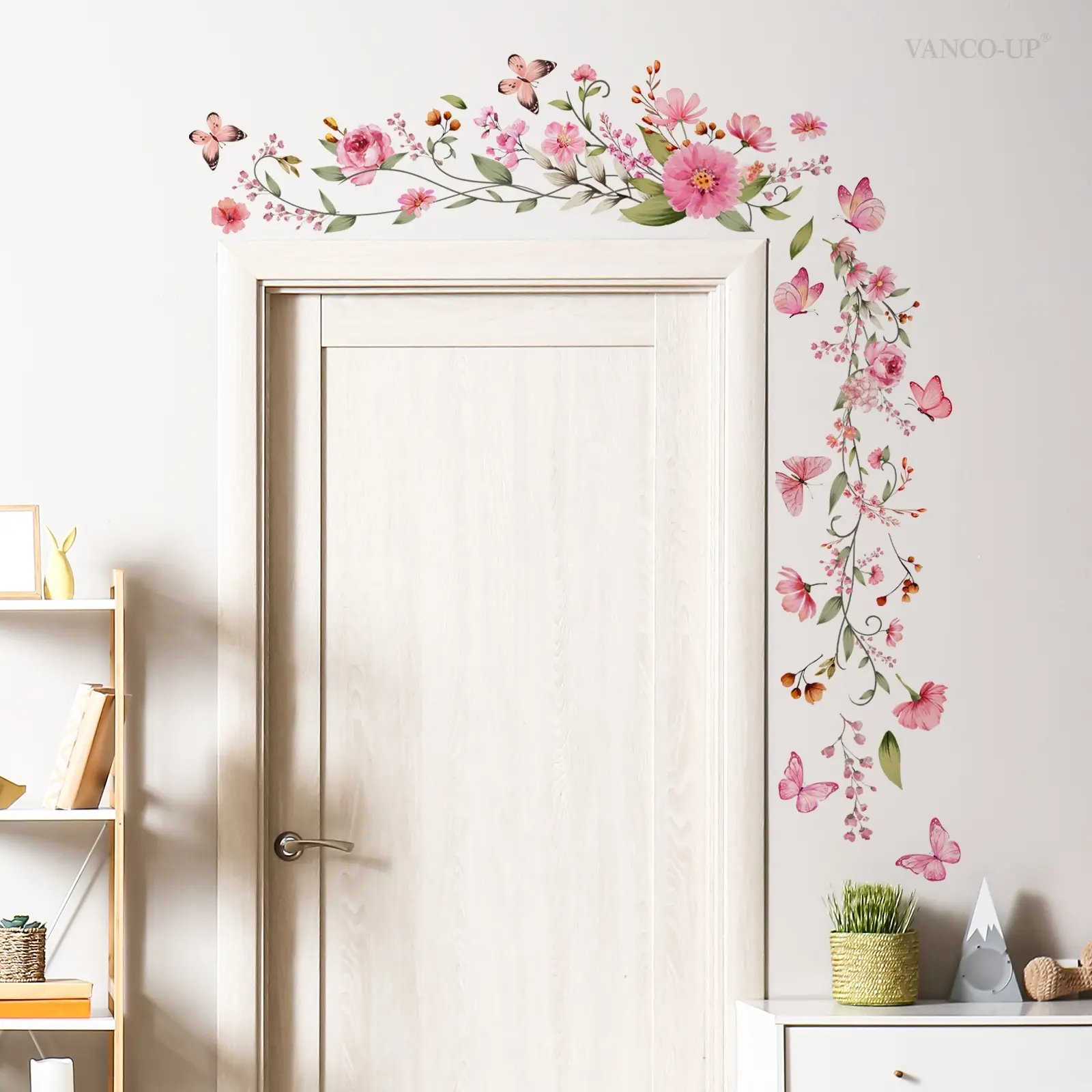 A set (30*90cm) of pink door frame flower wall stickers, Wall Stickers Decorations, Decoration items, Wall Decal home living rooms, bedrooms, kitchen background walls, self-adhesive decorative stickers Flower Decals For Walls Floral Pattern Sticker M15551