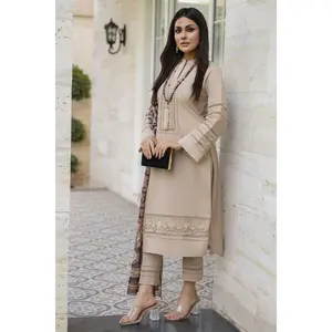 Beige Embroidered Cotton 3pc Women Dress with Dupatta | Baarish by Miski BYM6