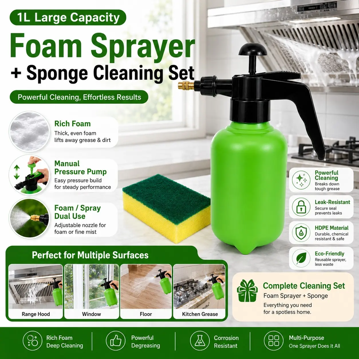 1L Large Capacity Hand Pump Foam Sprayer with Sponge Cleaning Set, Adjustable Nozzle Spray Bottle, Multifunctional Sprayer for Kitchen, Windows, Floors