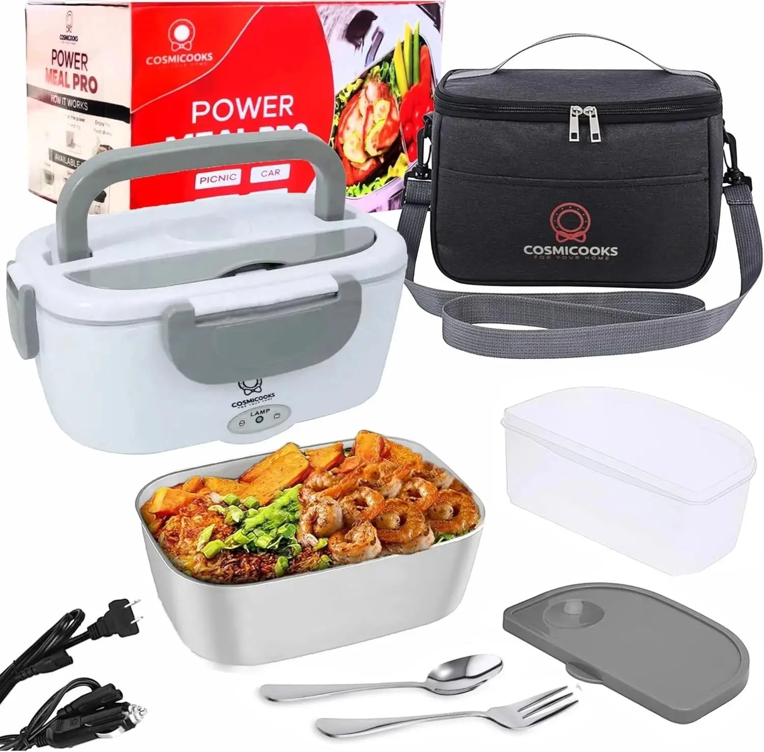 Electric Lunch Box, 80W Food Heater 1,5L for Adults Portable Food Heater with Tableware and Lunch Bag, Car & Home Portable Electronic Food Heater for Home Office Travel Food Storage Fast , Fork Spoon and Bag Tableware Lunch Box with Portable Heating Box