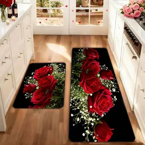 2 count Valentine's Day Kitchen Floor Mat Set, Rose Flower Non-Slip Soft Low Height, Spring Summer Home Decor, Holiday Cooking and Celebration