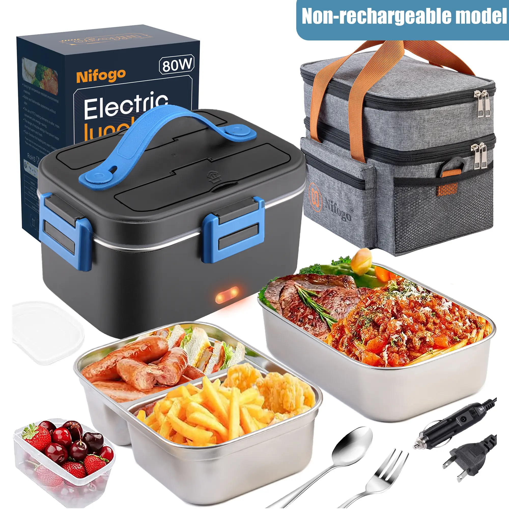 Nifogo Electric Lunch Box Food Heater 80W Portable Heated Lunch Box for Adults Food Warmer Lunch Box 110V/24V/12V for Office Truck Car, with 1,8L Stai