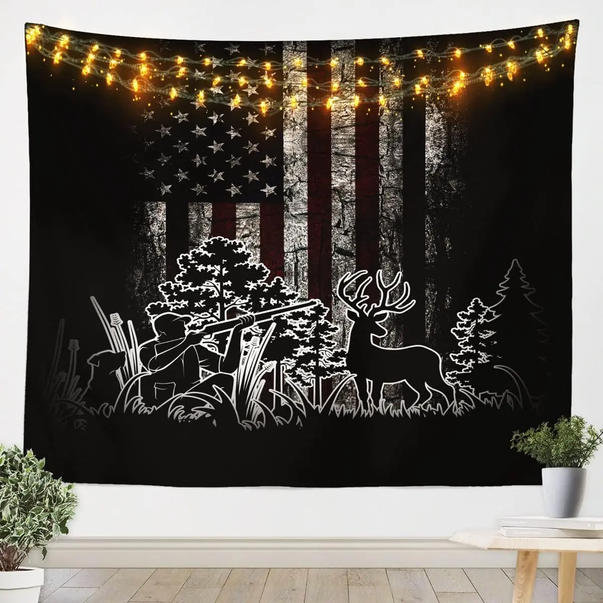 Deer Hunting Tapestry American Flag Wall Tapestry Hunting Themed Tapestries for Adult Teen Boy Kids Room Decor,Rustic Farmhouse Hunter Tapestry Wild Animal Deer Wall Hanging