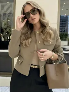 Lightweight Spring/autumn Women's Casual Jacket, Stylish Simple Design with Pockets, Single Button Closure, Elegant Solid Color Outerwear, Fitted, Coats