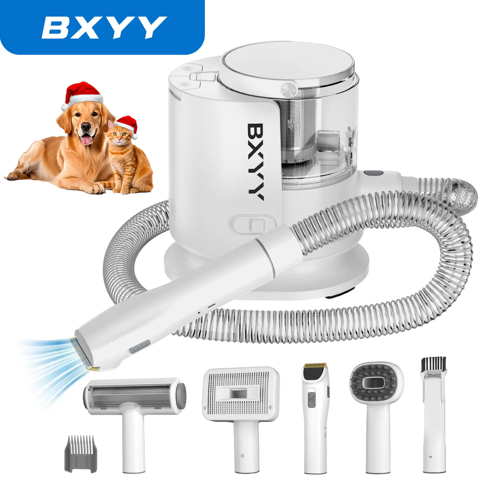 BXYY Dog Grooming Kit with Vacuum - 6 Tools, 99% Hair Collection, 1.5L Dust Cup, Clippers, and Shedding Brush for Dogs and Cats (A-White).