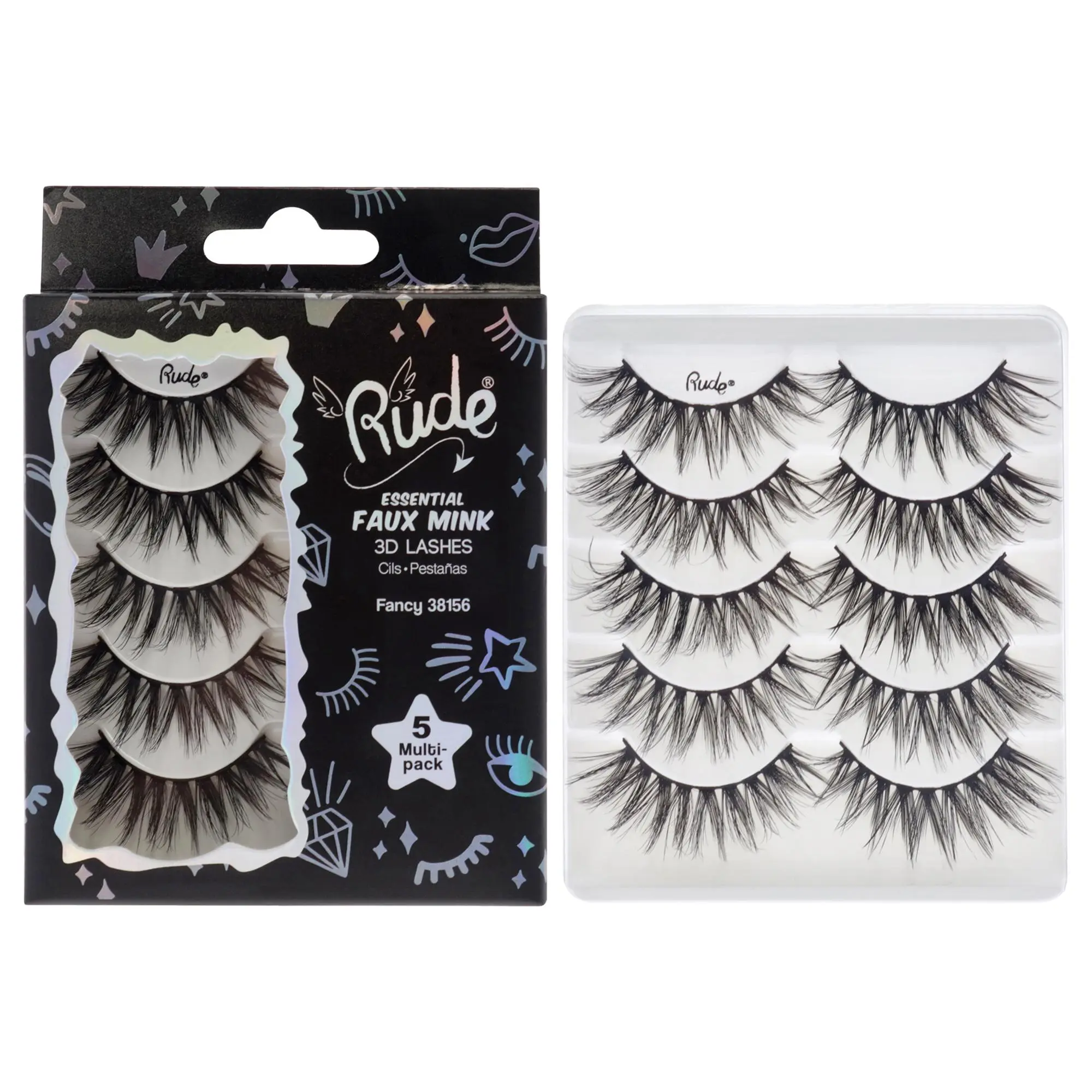 Women's Essential Faux Mink 3D Lashes Set - Fancy by Rude Cosmetics, 5 Pairs, Makeup Accessory, Bold Glamour, Natural Look, Customizable Fit, Easy Application