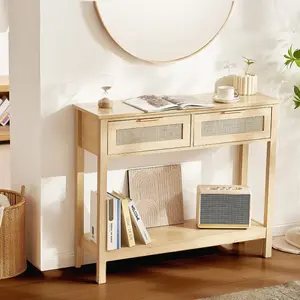 Natural Rattan Media Console Table - 2 Storage Drawers, Sliding Door, Ample Storage - Versatile for Entryway, Living Room Use