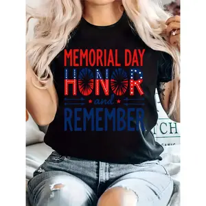 Women's Plus Size Oversized Cotton T-Shirt - Black, Round Neck, Short Sleeve, Slightly Elastic Breathable Knit Fabric, "Memorial Day Honor and Remember" Graphic, Casual Comfortable Top