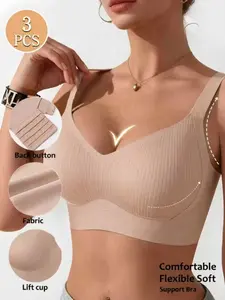 Women's 3-Pack Plain No-Wire Bras, Comfortable Breathable Smooth Seamless Adjustable Straps Push-Up, All-Season Fitted Bralettes with Medium Support, Adjustable Wireless Bra
