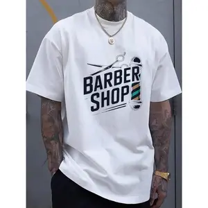 Men'S Barber Shop Graphic T-Shirt - Black Tee with Scissors and Pole Design
